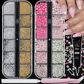 VOTACOS Nail Art Pearls with Glue Gel Flatback Pink Red 4 Colors Nail Charms Pearls Mixed Size 0.03-0.18in Nails Gems Pearl Accessories for Women Nails Design Decoration