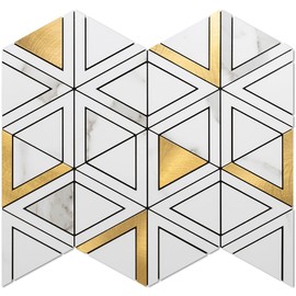DICOFUN 20-Sheet White Marble Look Triangle Mosaic Tiles Peel and Stick Backsplash for Kitchen, PVC Mixed Metal Gold Chevron Stick on Backsplash Wall Tiles