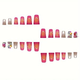 RIICFDD Duck Nails Press on French Press on Nails Long Fake Nails Yellow Pink Gradient Glue on Nails Star Rhinestone Nail Charms Full Cover Wide Duckbill False Nails for Women Artificial Nails 24 Pcs