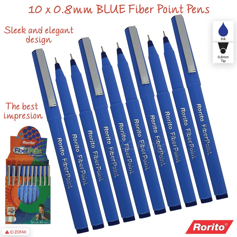 rorito 10 x 0.8mm Fiber Point BLUE Pens Smooth Fine