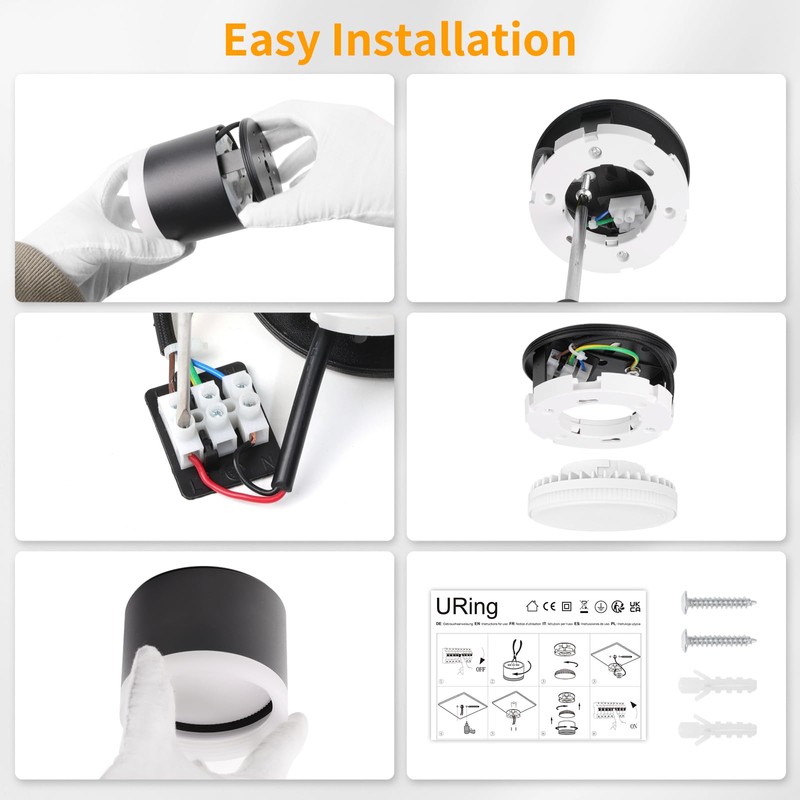 URing LED Surface-Mounted Spotlights, 3000 K Ceiling Spotlights, Black, Includes