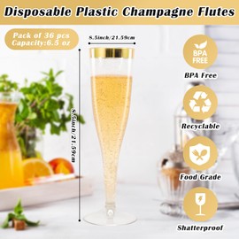 IJRPLM 36 Pack Plastic Champagne Flutes, 6.5 Oz Plastic Champagne Flutes Disposable, Gold Rim & Glitter Gold Plastic Champagne Glasses for Parties Wedding New Years Eve Party Supplies