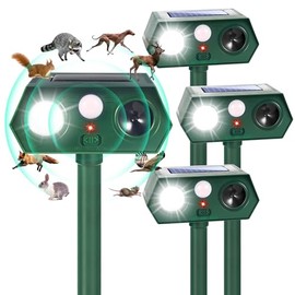 4Pack Solar Ultrasonic Animal Repellent Cat Repellent Outdoor Deer Repellent Devices Motion Detection with LED Flash Light Waterproof Squirrel Mouse Raccoon Dog Bird Repellent for Yard