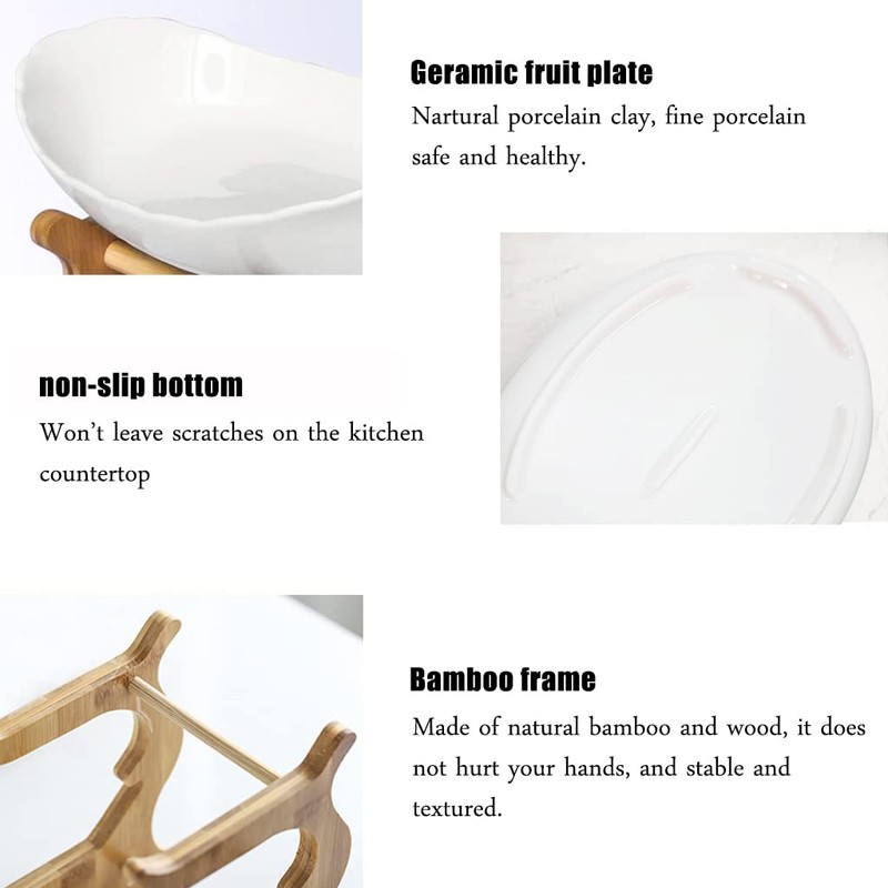 Liywall - 3 Tier Ceramic Fruit Bowl With Bamboo Wood