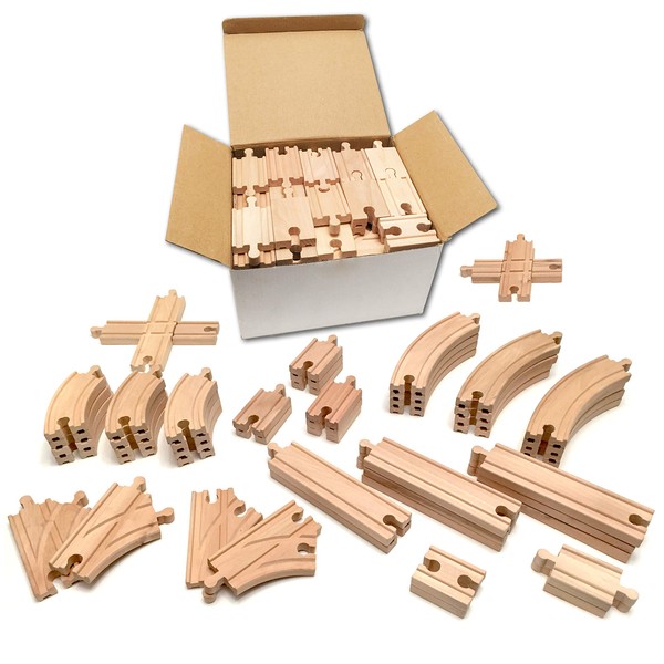 Tiny Conductors 52 Piece Wooden Train Track Set - 100% Real Wood, Compatible with Thomas and All Other Major Brands Wooden Toy Railroad Sets (52-Piece)