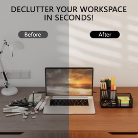 UVGVA Mesh Pen Holder for Desk 3 Compartment Desk Organizer for Pens Pencils Sticky Notes Office Accessories