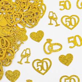 Gold 50th Wedding Anniversary Decorations - 150Pcs Happy 50 Years Commemorate Table Decoration Glitter Confetti, 5 Patterns for Men Women Wedding Anniversary Party Supplies