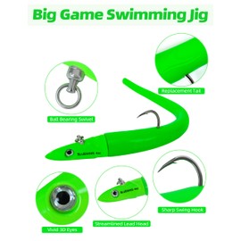 BLUEWING Big Game Swimming Jig with Lead Jighead, High Carbon Steel Swing Hook and Replacement Tail Saltwater Fishing Lures 4oz-6in Green