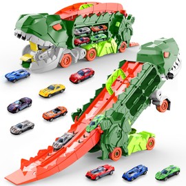 Dufuntotoys 11 in 1 Dinosaur Toys for Kids, Dinosaur Transport Truck with 8 Cars Transforms into Dinosaur Race Track City Ultimate Dinosaur Hauler Track Birthday Toys for 3-5 4-8 Green