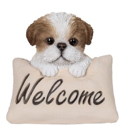 HiLine Gift Ltd. Shi Tzu Puppy with Welcome Sign- Brown& White Statue