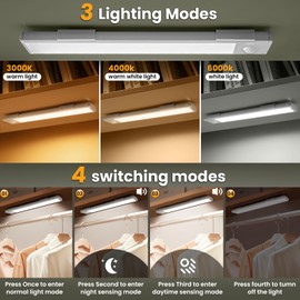 Under Cabinet Kitchen Lights,USB Motion Sensor Lights Indoor,Cupboard Light, 3 Modes, 3 Color Dimmable,USB Type-C, Stepless Dimming, for Kitchen /Wardrobe/ Bedroom/ Stairs (Cold White)(1 PCS (20CM))