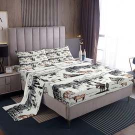 Western Cowboy Sheet Set Full Size,Vintage Southwest Style Bed Sheets Desert Cactus Cow Horse Animals Bedding Set for Kids Boys Girls Adult Room Decor,Grey Brown White Fitted + Flat Sheet 4Pcs