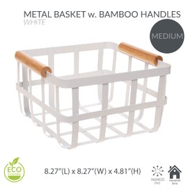 Simplify - Cesta Cuadrada de Metal con Asas de bambú, tamaño Mediano, Cesta de Alambre Estilo Granja | Organizador del hogar, Decorativo, rústico, Blanco