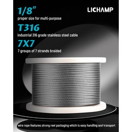 Lichamp 450FT 1/8" Stainless Steel Wire Rope Cable, Aircraft 316 SS Braided Steel Wire Thin Metal Cable Hardware for Deck Railing Handrail Safety System, SSC450
