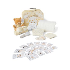 Baby Box Shop - Baby Unisex Gifts, Newborn Essentials, Ideal Baby Shower Gifts & Gender Reveal Gifts - Includes 8 Double Sided Baby Milestone Cards in Cute Beige Baby Hamper