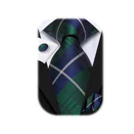 Hi-Tie Men 63inches Tie Set Extra Long Necktie Paisley Tie Pocket Suqare Cufflinks Big and Tall Men Tie,Blue Green Plaid