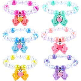 Niceup 6PCS Princess Pastel Bracelets with Heart Bowknot Charm for Little Girls Dress-up Play Beads Jewelry Accessories for Party Gift Bags Pinata Filler Stuffers