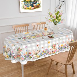 ZORKET Easter Tablecloth Oval 60x120 Inch, Spring Floral Bunny Buffalo Plaid Easter Oval Table Cloth Decor for Dinner Party Picnic