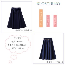 Blostirno Women's Long Skirt, Maxi Length, A-Line, High Waist, Elastic, Stylish, Navy (ribbon), Free Size
