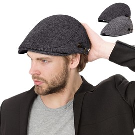 2 Pack Newsboy Hats for Men Classic Herringbone Tweed Wool Blend Flat Cap Ivy Cabbie Driving Hat Dark Gray Black