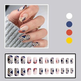 ONPRESS 24Pcs Fall Press on Nails Medium Square Fake Nails with Gold Foil Line Design Thanksgiving Day Autumn Leaves Wheat Ears Glue on Nails Matte Full Cover Stick on Nails for Women Manicure Decor