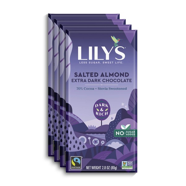 Salted Almond Dark Chocolate Bar by Lily's | Stevia Sweetened, No Added Sugar, Low-Carb, Keto Friendly | 70% Cocoa | Fair Trade, Gluten-Free & Non-GMO | 3 ounce, 4-Pack