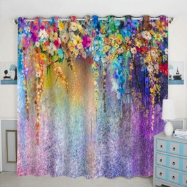 QH Purple Flower Window Curtain Panels Blackout Curtain Panels Thermal Insulated & Light Blocking 42W x 84L inch (Set of 2 Panels)