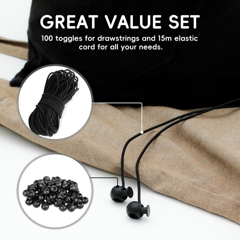 Drawstring Cord 100 Pcs Toggles for Drawstrings and 15m/49ft Black