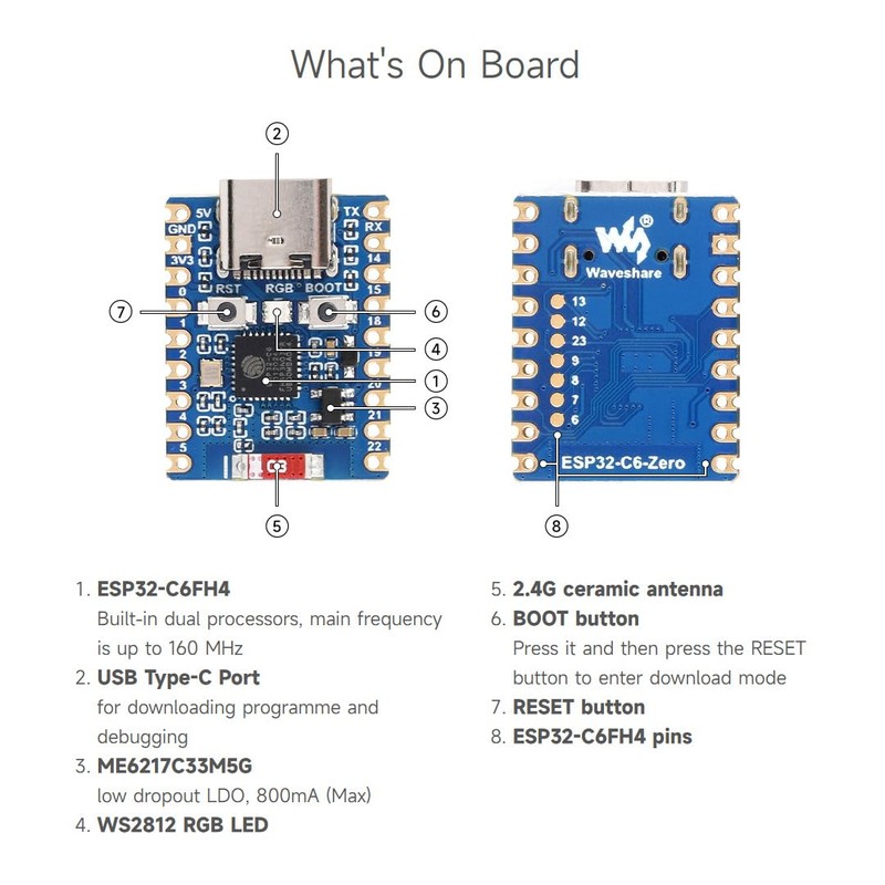 Waveshare ESP32-C6-Zero (2 PCS), ESP32-C6 Mini Development Board, Based on