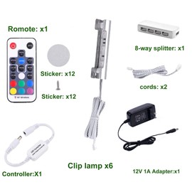 AIBOO LED Under Cabinet Bookshelf Lights Kit for Glass Edge Shelf Back Side Lighting Using Flexible Cable and Clip with RF Remote(6 Lights,RGB)