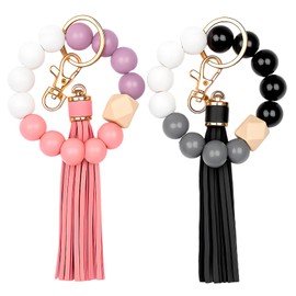 Qoncosy 2 Pack Beaded Keychain Wristlet for Women, Black and Pink Bracelet Keychain Set with Wood Beads, Cute Adjustable Wristlet Accessory