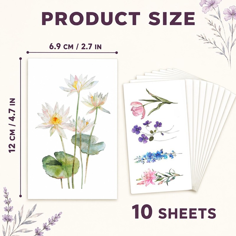 10 Sheet Wildflower Temporary Tattoos, Fake Tattoos Stickers for Women