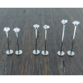 Pair Dimple Maker Cheek Piercings 3mm Clear Crystal CZ 16G 14mm, 16mm, 19mm Stainless Steel Internally Threaded Prong Set Labret Rings - Length: 16mm