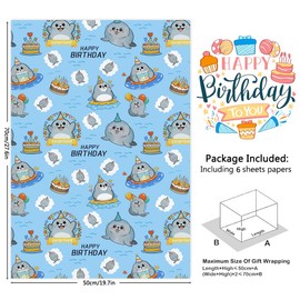 Seals Swimming in the Sea Wrapping Paper Animal Gift Wrap Paper for Boys Girls - Funny Happy Birthday Wrapping Paper - 6 Sheets Folded Flat for Birthday Party Baby Shower DIY Craft Gift Packing Wrap