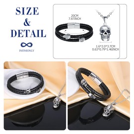 INFINIONLY Men's Stainless Steel Skull Necklaces Bracelets Jewellery Sets Fashion Skull Chains Pendant Multilayer Braided Leather Bracelet with Skull for Boys Stainless Steel Clasp