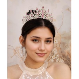Yheahin Vintage Crystal Crown and Tiara for Women Bridal Wedding Rhinestone Tiara Princess Queen Crown Gothic Black Tiara Headpieces for Cosplay Costume Birthday Party (Silver-light pink)