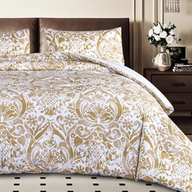 Sophia Willam Damask 3 Pieces Comforter Set Queen Size, Cotton Fabric with Microfiber Inner Fill, 1 Comforter (88x92) and 2 Pillowcases (26x20),Bronze Damask