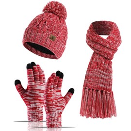 INSISMY Hat Scarf Gloves Set Winter Soft Warm Fur Lined Bobble Hat Long Scarf with Tassel and Touchscreen Gloves Set 3-Piece Melange Knitted Women Unisex, rose red