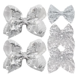 5Pcs Sparkly Silver Hair Bows for Girls,Glitter Enchanting Fairy Fashion Sequin Bow Alligator Clips Hair Accessories for Girls Toddlers Kids Children Teens