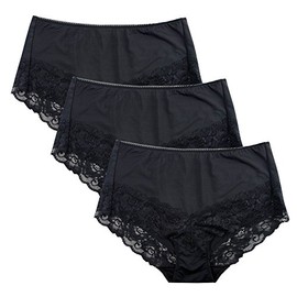 Fem Women's Underwear Full Brief Panties Satin Feel with Lace Inset - 3 Pack (XL, Black)