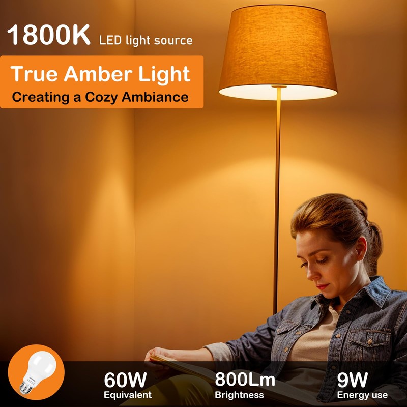 YukiHalu LED Amber Light Bulbs, A19 1800K E26 800Lm, 60W