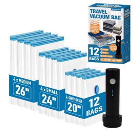 12 Pack Travel Vacuum Storage Bags with Rechargeable Wireless Electric Pump, Travel Packing Bags for Luggage and Suitcase, Carry-on Size Compression Space Saver for Clothes and Clothing
