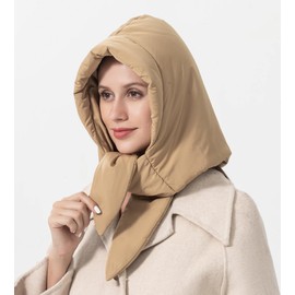 ZLYC Women Winter Down Hat Windproof Hooded Scarf Soft Warm Balaclava Skull Cap Beanie Hat (Solid Khaki)