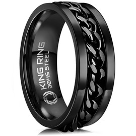 King Ring 8mm Black Spinner Ring – Fine Polished Flat Fidget Ring for Men & Women with Cuban Chain, Stainless Steel Ring – Black 12