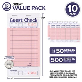 Stock Your Home Pink Guest Check Books for Servers (10 Pack) Server Note Pads, Waiter Checkbook, Food Receipt Book, Restaurant Order Pad, Paper Checks, Waitress Accessories, 500 Total Tickets