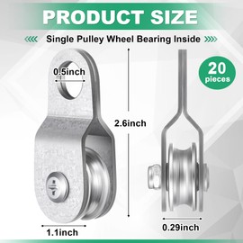 Yaocom 20 Pcs Small Single Pulley Block Wheel Bearing Inside Single Snatch Cable Pulley Block Galvanized Hanging Rope Accessories for 6mm / 0.23 Inch Wire Rope, Load Capacity 70 Lbs