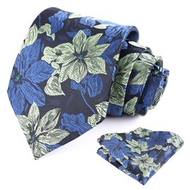 Alizeal Mens 3.35inches Large Floral Pattern Necktie and Printed Pocket Square Set, Navy+Sage