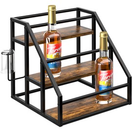 Coffee Syrup Rack Organizer, Spice Racks, Syrup Bottle Holder Stand for Coffee Bar, 3-Tier 12 Bottles Storage Shelves for Syrup, Wine, Dressing for Kitchen Countertop, Rustic Brown & Black