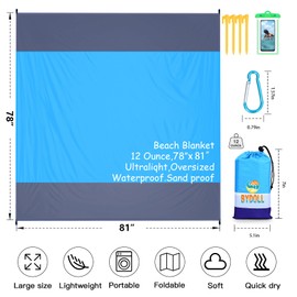 BYDOLL Beach Blanket Waterproof Sandproof 78''×81'' 1-5 Adults Oversized Lightweight Large Picnic Mat Waterproof Sandproof Blanket for Beach Camping Hiking Travel