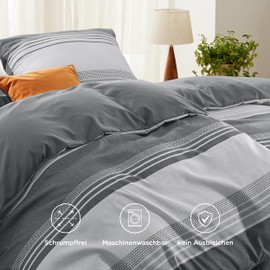 Bedsure Bed Linen 135 x 200 cm 2-Piece Duvet Cover - Bed Linen Sets Grey 135 x 200 cm Microfibre with Pillowcase 80 x 80 cm Duvet Cover Striped Pattern with Zip